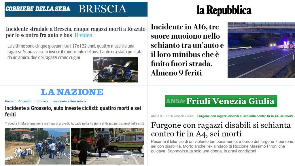 Serie di articoli su incidenti stradali gravi.